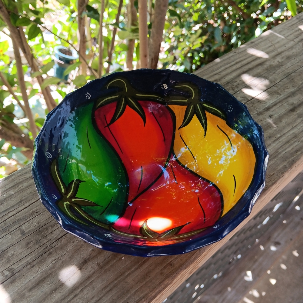 Hand Painted Mexican Terracotta Clay Footed Salsa Dish